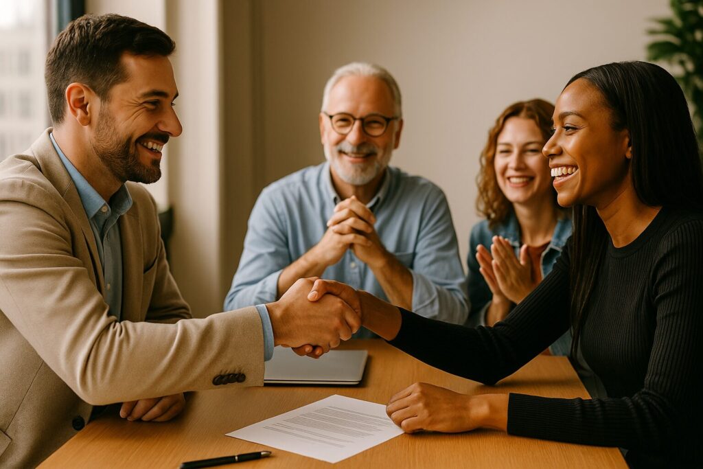 Two professionals shaking hands at a meeting table, with colleagues smiling and applauding in the background, symbolizing successful collaboration and partnerships.