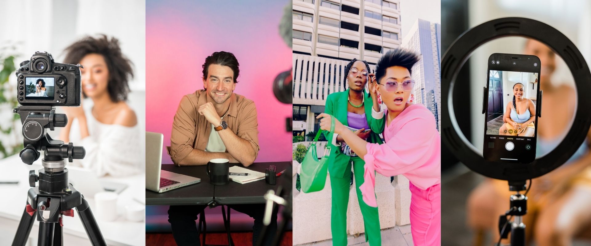 Collage of diverse content creators filming and engaging with their audiences through cameras and smartphones, representing creativity and digital influence.